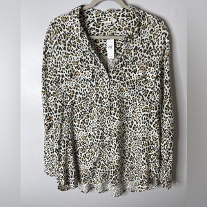 GAP Top Women Large White Animal Print Button Up Long Sleeve Blouse Pockets